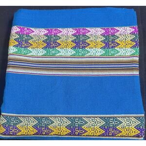 Peruvian Andes Style Blanket Tablecloth Blue Multicolor Geometric 48" x 41" NEW